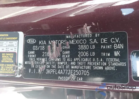 2018 Kia Forte Lx z USA, uszkodzony, nr VIN 3KPFL4A77JE250705